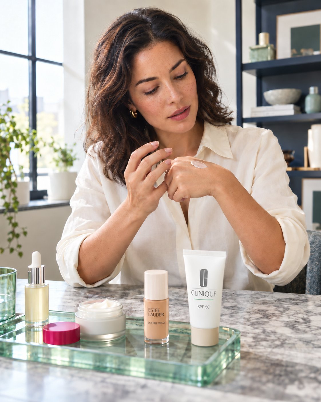 Woman evaluating skincare texture at a bright table with beauty products in the foreground